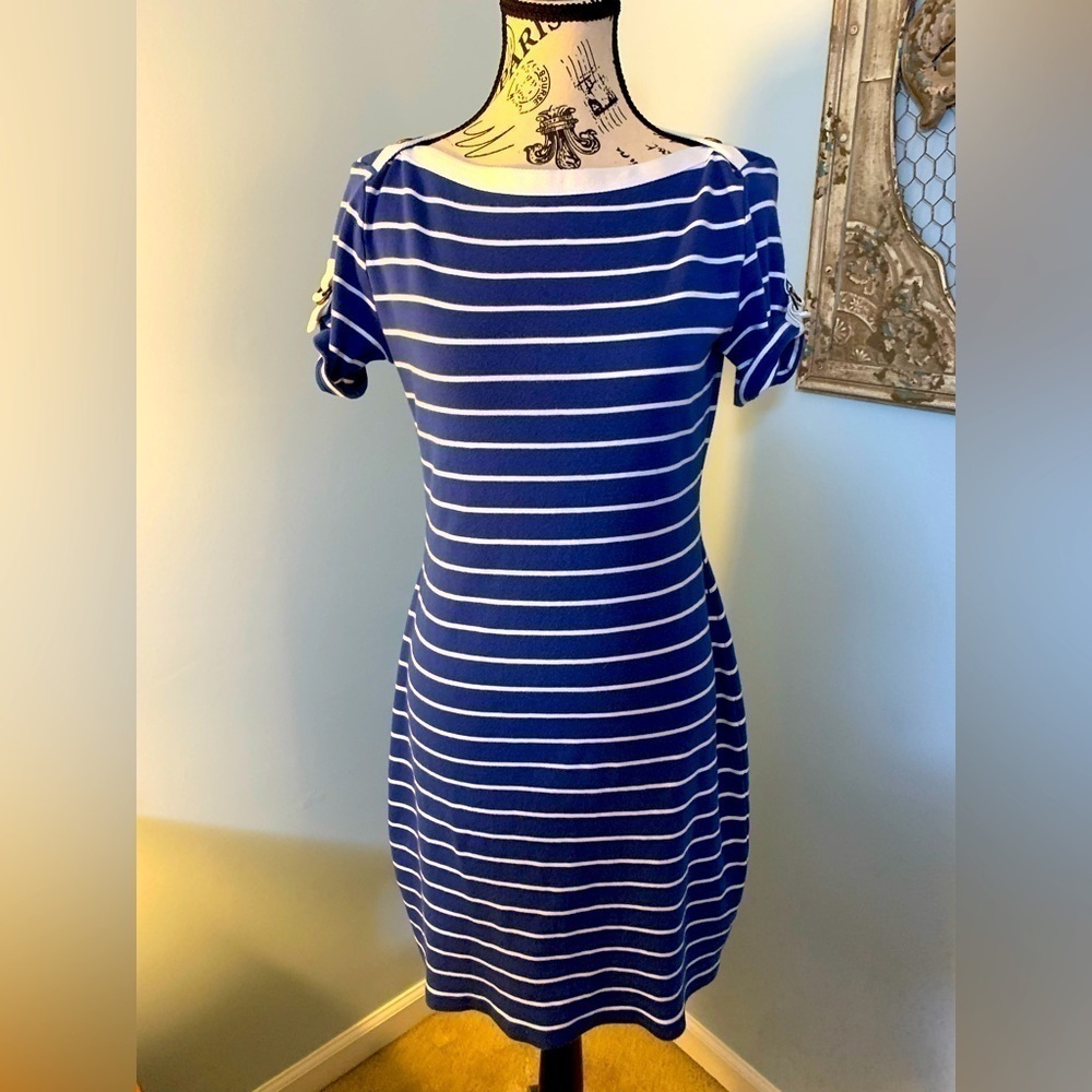 Classic Ralph Lauren Blue and White Striped Casual Dress Size Small